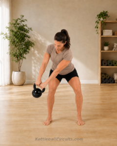 Athlete performing a kettlebell wood chop through a controlled diagonal path across the body.
